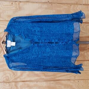 Blue Silk Print Vision Apparel Ruffle Bell Sleeve Blouse Size Petite Large